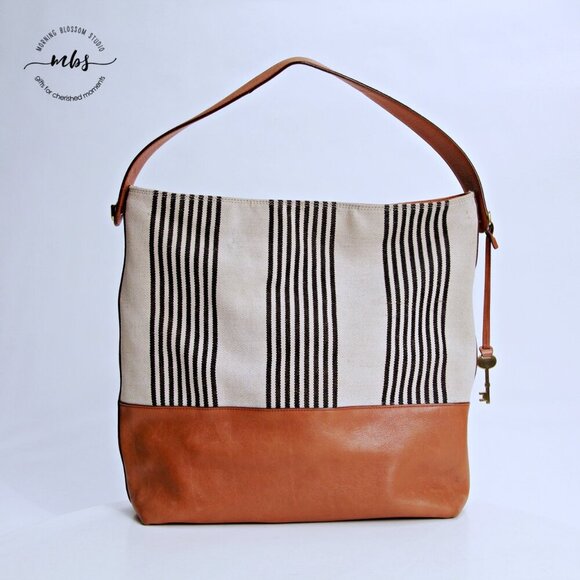 Fossil Stripe Textile Leather Trim Shoulder Handbag - Picture 2 of 14